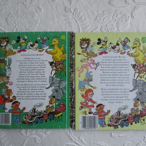 May include: Back covers of two Little Golden Books. The left book has a green cover with a train and various cartoon characters. The right book has a yellow cover with a train and various cartoon characters. The text on the back of the books reads "Little Golden Books".