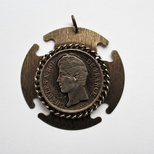 Vintage Coin Pendant, Charles X Roi de France Altered French Coin Art, Metal Art Pendant, Tramp Art, Unique Metalsmithing Jewelry Trench Art