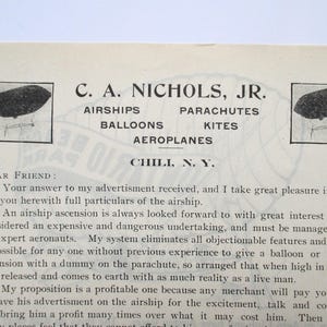 Rare 1900 Airship Advertising Flyer: C.A. Nichols, Chili NY Aeroplanes