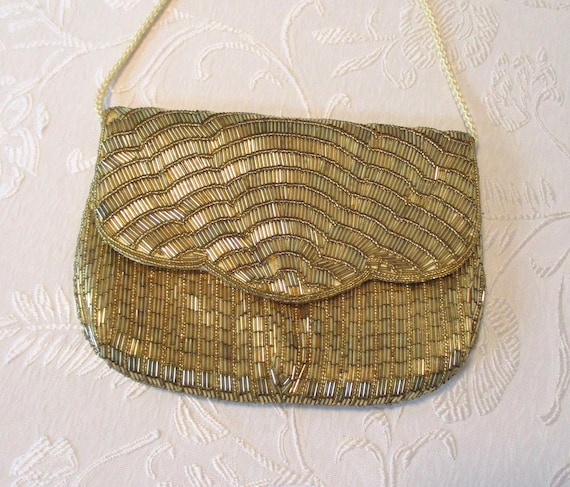 Vintage Magid Gold Beaded Satin Evening Bag with Magnetic Snap Closure, Bugle Bead Embellished Shoulder Bag, Designer Purse, Strap Repaired