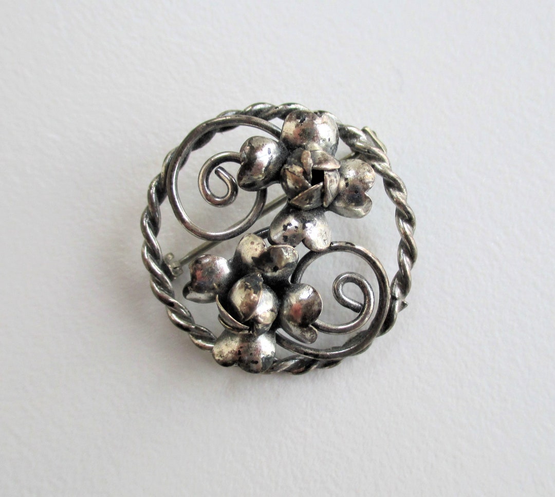 Antique Art Nouveau Sterling Silver Brooch, Floral Round Brooch, Silver