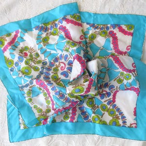 Ladies 60s Scarf, Silky Mod Retro Flower Power Square Scarf, Polyester Blend Scarf, Bright Colors Pink Aqua Green, Vintage Floral Scarf image 1
