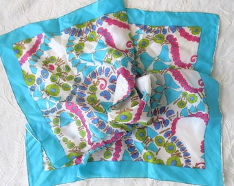 Ladies 60s Scarf, Silky Mod Retro Flower Power Square Scarf, Polyester Blend Scarf, Bright Colors Pink Aqua Green, Vintage Floral Scarf