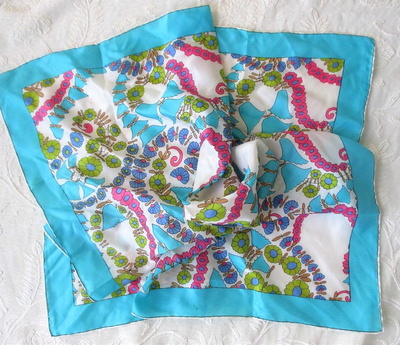 Ladies 60s Scarf, Silky Mod Retro Flower Power Square Scarf, Polyester Blend Scarf, Bright Colors Pink Aqua Green, Vintage Floral Scarf image 1