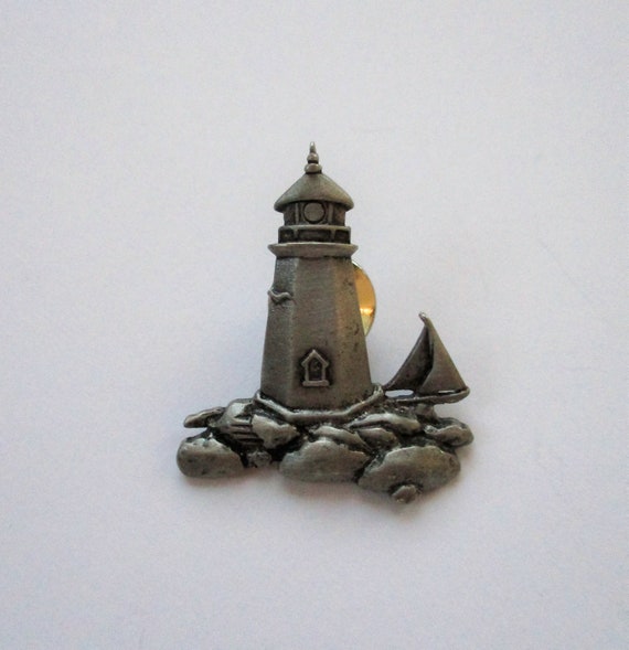 Vintage JJ Lighthouse Pin, Pewter Lighthouse on R… - image 2