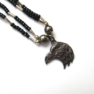 Sterling Silver EAGLE Black Beaded Necklace with Black Leather Tie Cord, Vintage Hand Crafted Southwestern Hallmarked Jewelry