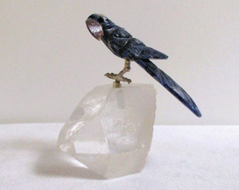 Sodalite Tropical Bird Carving on Clear Quartz Base, Hand Carved Stone Bird, Big Chunk of Clear Quartz, Unique Vintage Carved Dark Blue Bird