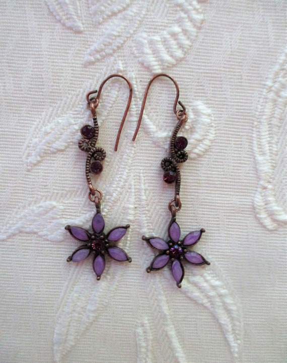 Vintage Purple Fashion Bug Earrings, Purple Flowe… - image 2