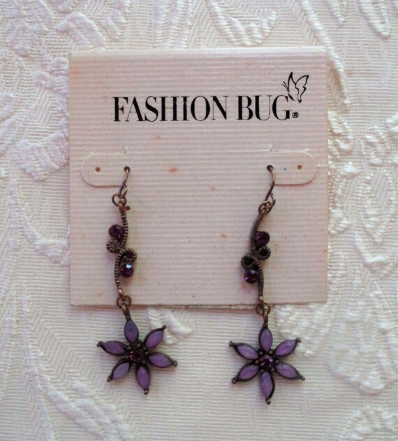 Vintage Purple Fashion Bug Earrings, Purple Flowe… - image 4