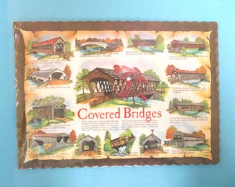 Vintage Springprint Placemats Design #374 Covered Bridges, Set of Ten Paper Placemats New Old Stock in Original Pkg, Made in USA Collectible