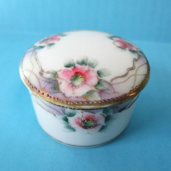 Hand Painted Nippon Ring Box, Pink Flowers Gold Trim Porcelain Trinket Box Made in Japan, Antique Boudoir Vanity