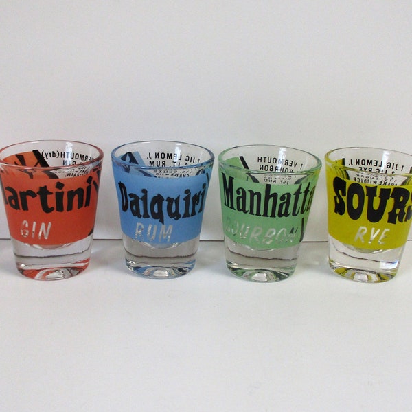 Vintage Shot Glasses Bourbon Gin Rum Rye, Set of Four Shotglasses, Mid Century Cocktail Recipes, Retro Bar Collectible