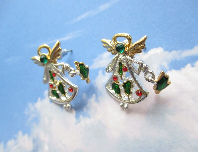 Christmas Angel Earrings with Enamel Holly Charms and Red /& Green Crystals Vintage Festive Earrings Stocking Stuffer