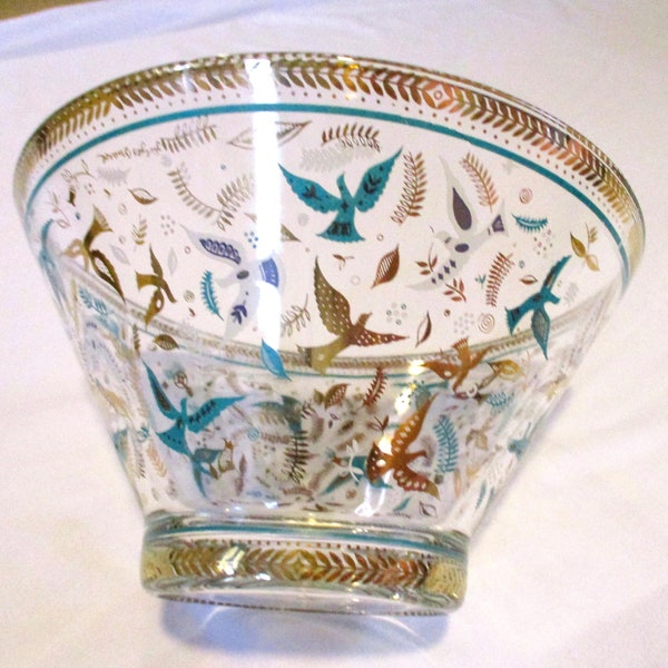 Georges Briard "Paradise" Large Serving Bowl, 22k Gold Trim, MCM Turquoise and Gold Doves & Olive Branches, Vintage Glass Bowl