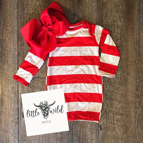 Unisex Red and White Stripe Longsleeve Baby Gown Newborn Cute Christmas Winter Holiday Photos Santa Candycane Gift Baby Shower Personalize