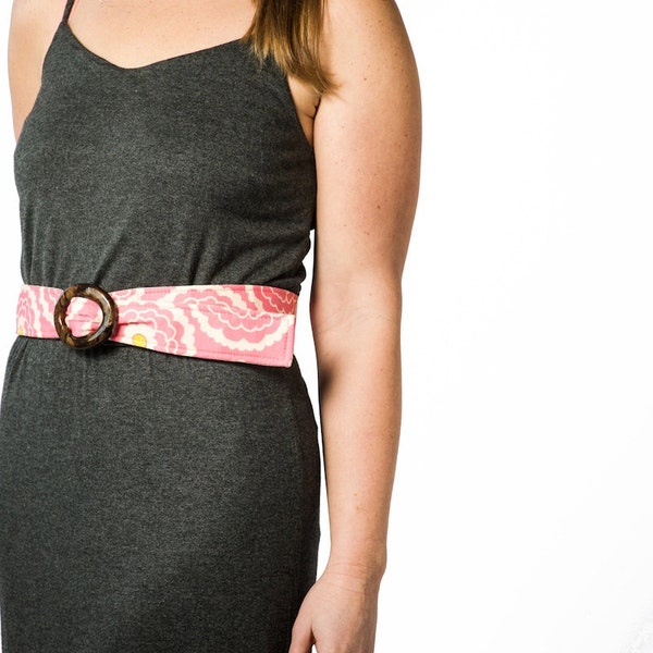 FINAL SALE ~ SM Available ~ Reversible Fabric Belt with Unique Belt Buckle~ Women's Belt ~ Floral Belt ~ Pink Floral and Neutral Bird Print