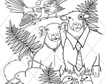 New Zealand Critter Couples animals coloring page - digital PDF download