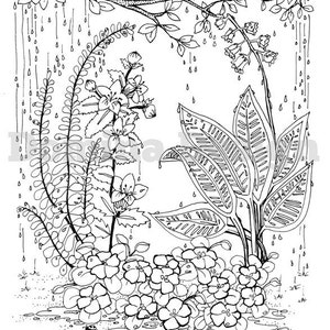 Adult Coloring Page - Rainy Garden - digital download