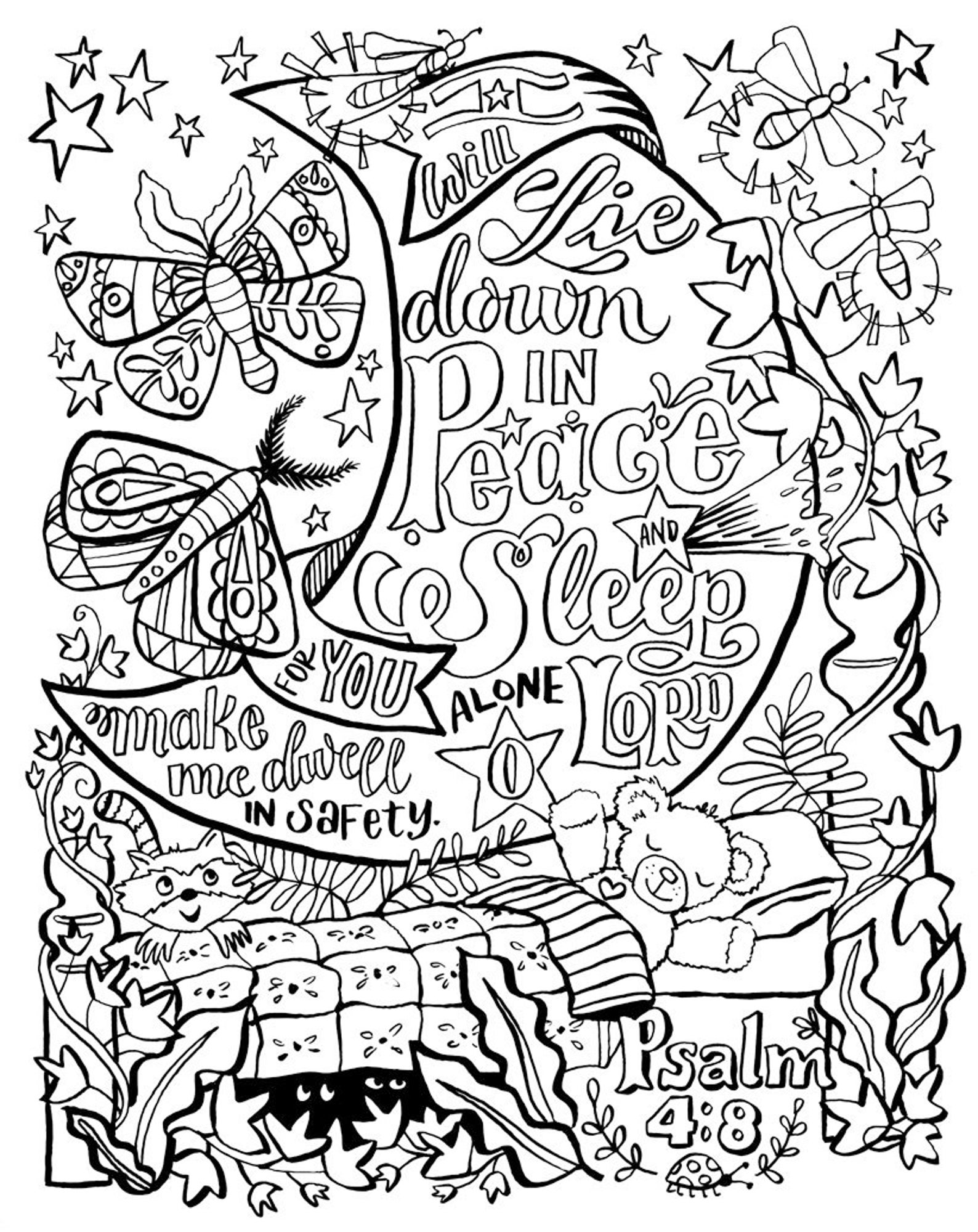 Coloring Page Bible Verse Lie Down in Peace Psalm 4 PDF DOWNLOAD - Etsy