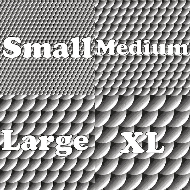 K&ouml;nnte beinhalten: Vier verschiedene Gr&ouml;&szlig;enmuster eines schwarz-wei&szlig;en gemusterten Stoffes. Der Stoff hat ein sich wiederholendes Muster aus kleinen, abgerundeten Formen. Die Muster sind mit "Small", "Medium", "Large" und "XL" beschriftet.