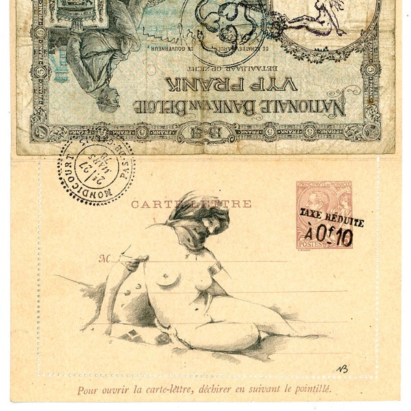 Belgique Sérail. 6,25" X 5". Graphite et billet sur vieille carte postale pliée.