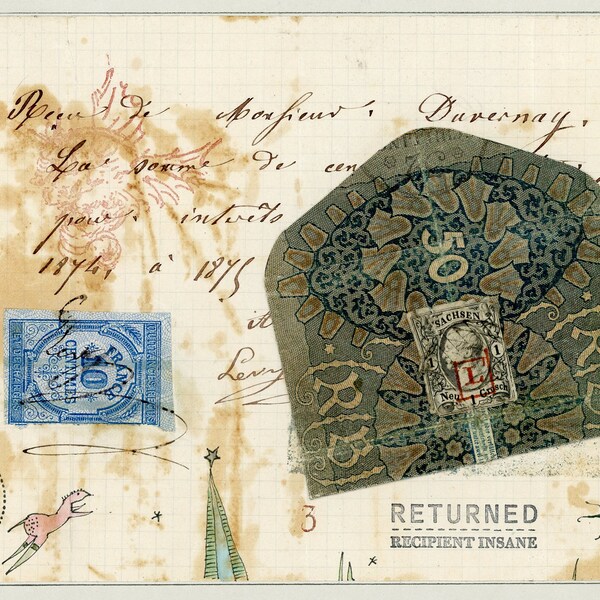 Sachsen Familiars. 8.25"  X 5.25". Collage. Old document, stamps, inks and watercolour.