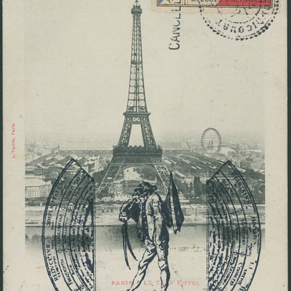 The Devil in Paris. 3.5" X 5.5". Faux Mailart. Collage, postcard with inks and stamp.