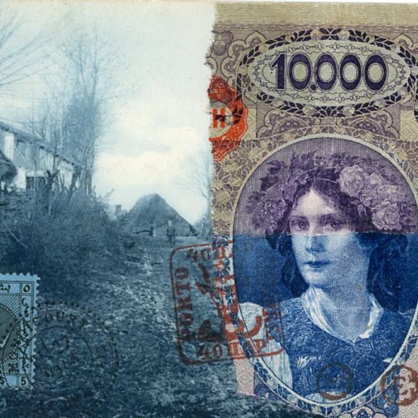 Blue Moon. 3.5" X 5.25". Collage. Banknote, stamp & inks.