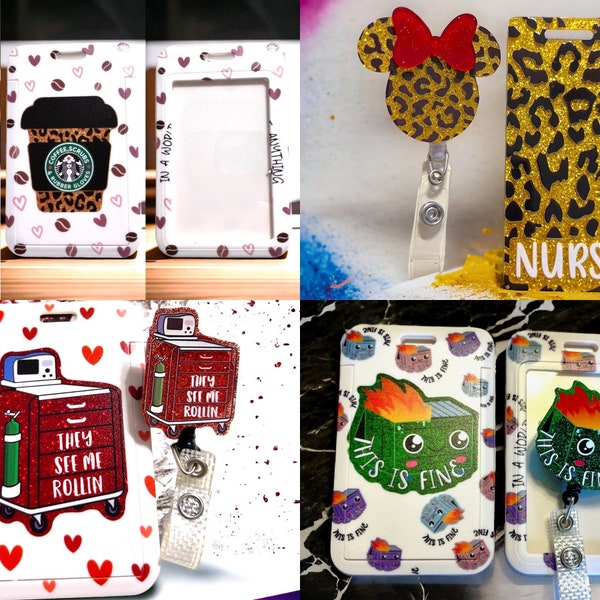 Name ID badge reel sets Nurse Cheetah print Mouse Fancy Coffee with ID holder Coffee Scrubs Rubber Gloves Dumpster fire This is Fine 13