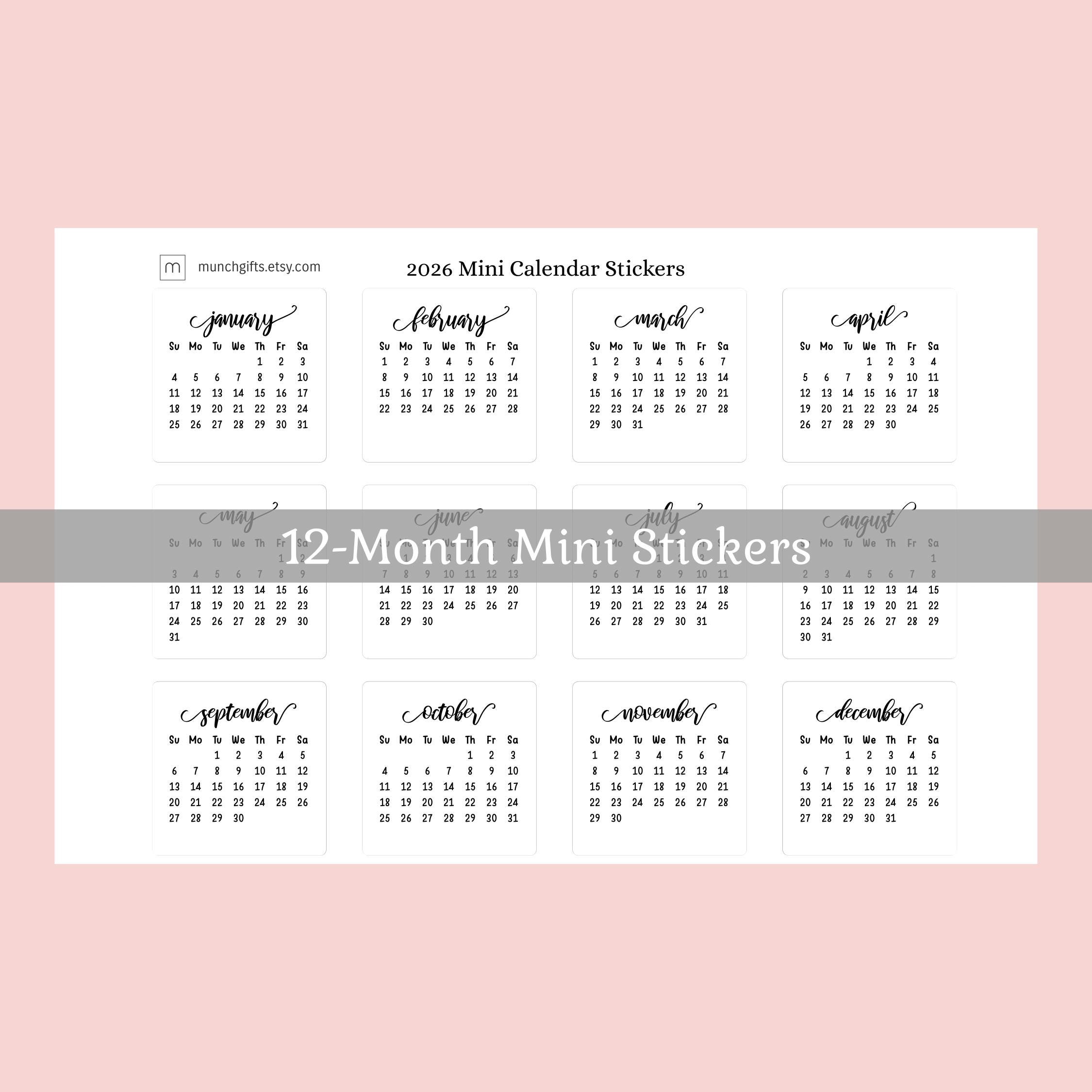 2026, 2027 Mini Calendar Planner Stickers, Monthly Journaling Stickers ...