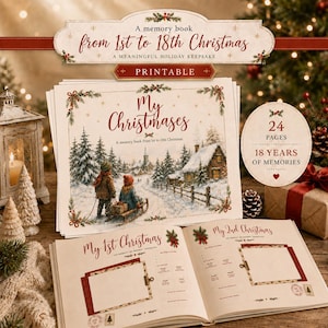 Könnte beinhalten: Ein druckbares Erinnerungsbuch mit dem Titel My Christmases, das ein Cover mit zwei Kindern in einer verschneiten Landschaft mit Hütte zeigt. Das aufgeschlagene Buch zeigt Seiten für das 1. und 2. Weihnachtsfest mit Fotofeldern.