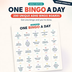 May include: A digital bingo board titled One Bingo A Day Adult Edition featuring 200 unique ADHD bingo boards. The grid contains 25 squares with tasks like toss one expired food item, vacuum the closet floor, and charge your phone tonight.