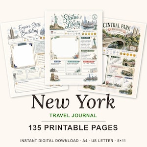 Peut inclure: Trois pages imprimables de journal de voyage à New York avec des illustrations de l'Empire State Building, de la Statue de la Liberté et de Central Park. Chaque page comprend des sections pour la date, la météo, l'humeur, des faits, des listes et des notes.