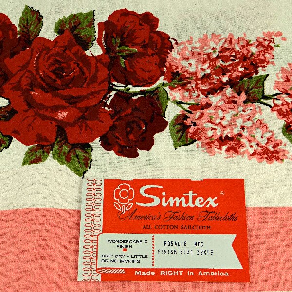 Unused Simtex Tablecloth Printed Red Roses Pink Lilacs 1960s Décor Paper Label