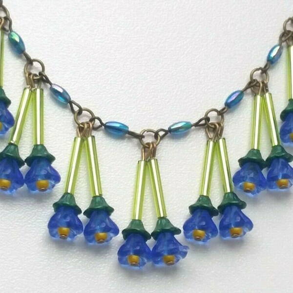 Czech Blue Flower Glass Bead Necklace Long Stalk, Vintage Art Deco Necklace,  Unique Gift for her, gift for mom, stocking stuffer