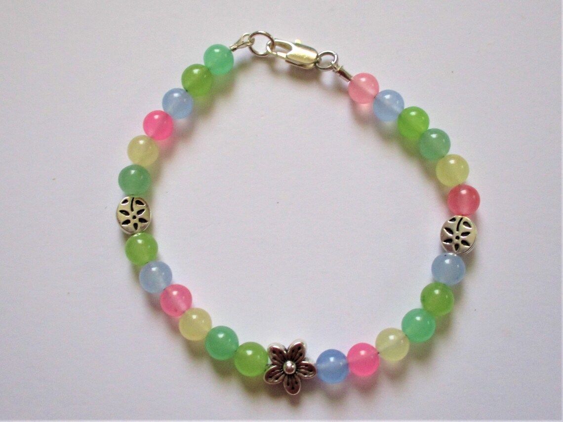 Bracelet with blue green yellow and pink glass beads with 3 Etsy
