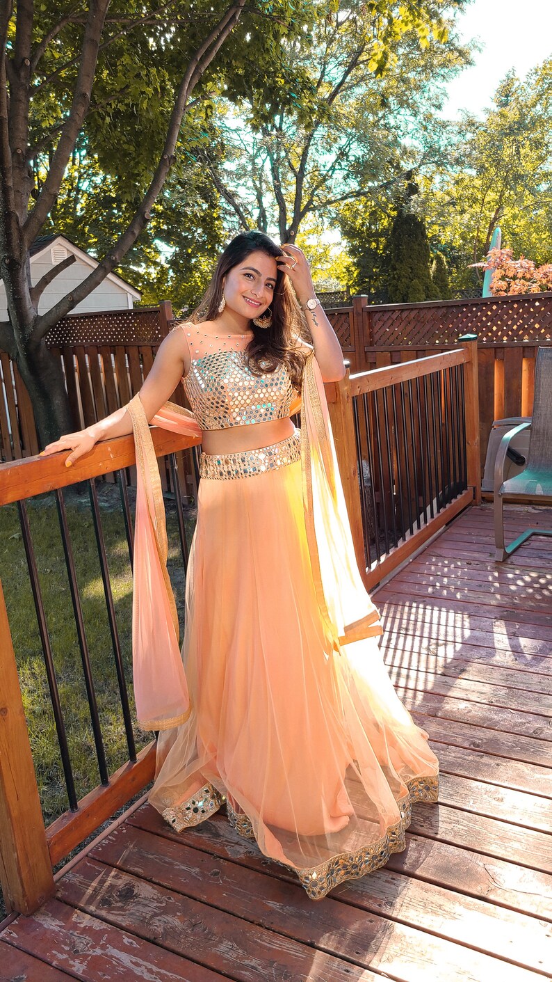 peach mirror work lehenga