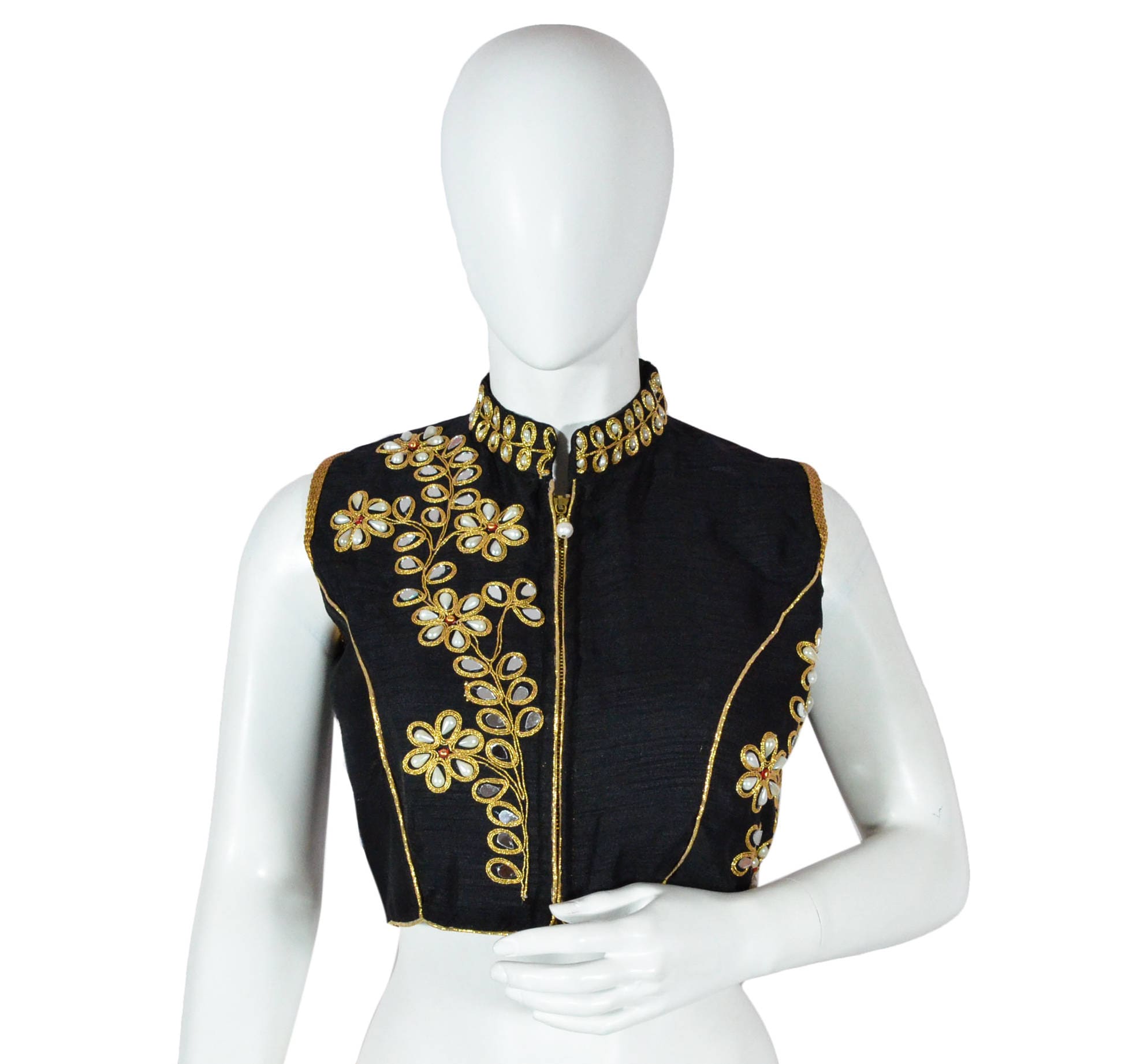 Black Color Faux Raw Silk Crop Top With Front Zip and Mirror Etsy