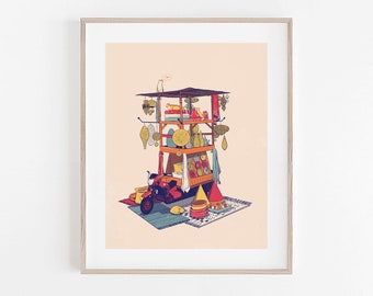 Arte murale del mercato di Marrakech: arte murale del mercato del Marocco, tappeto berbero, illustrazione di viaggio minimalista