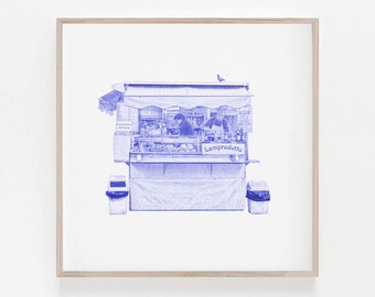 Stampa di un chiosco di cibo di Firenze: Lampredotto, arte murale con cibo di strada italiano, illustrazione minimalista della Toscana.