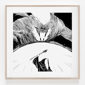 May include: Black and white illustration of a monster with horns and sharp teeth attacking a person with a sword. The person is wearing a long robe and is holding a sword in their right hand.