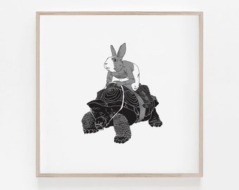 Stampa artistica di lepre e tartaruga: favola di Esopo, minimalismo in bianco e nero