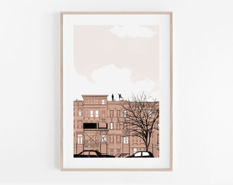 In attesa dell'estate: stampa minimalista su un tetto cittadino, illustrazione di uno skyline urbano.