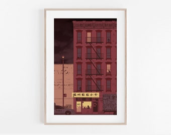 Stampa di Chinatown a New York: Opera d'arte murale del ristorante di noodle tirati a mano di Lam Zhou, illustrazione minimalista di New York.