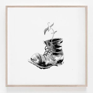 Wall-E Boot, Pixar, Life Finds a Way, Disney, Digital Art, Black and White, B&W, Minimalism, home decor, wall decor, 100% profits donated