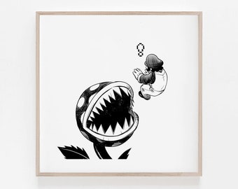 Stampa artistica della pianta Mario Piranha: Nintendo B&W Minimalism (Giclée)