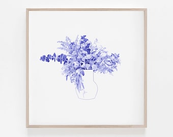 Disegno di un bouquet di tulipani blu: stampa artistica floreale minimalista