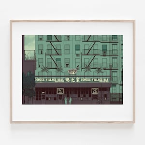 May include: A digital illustration of a green building with a storefront called "Congee Village Rest. & Bar" with Chinese characters above the name. The building has fire escapes and palm trees in front.