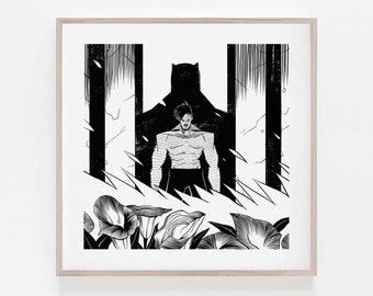 Stampa artistica di Killmonger Black Panther, decorazione murale minimalista in bianco e nero