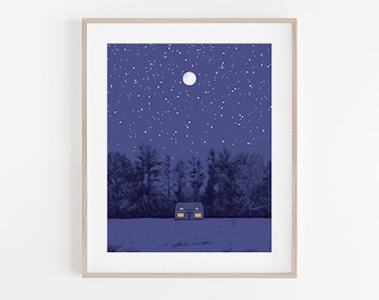 Stampa "Cabina nel bosco": cielo notturno, stelle e luna, illustrazione minimalista del paesaggio del Vermont.
